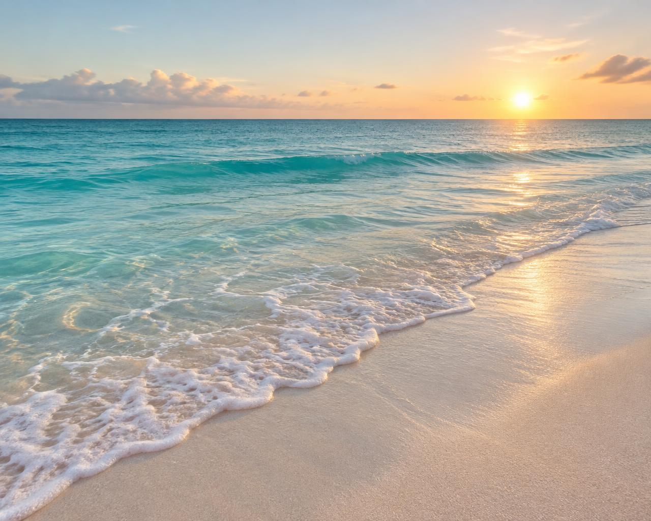 Clear turquoise water meeting a quiet sandy shoreline